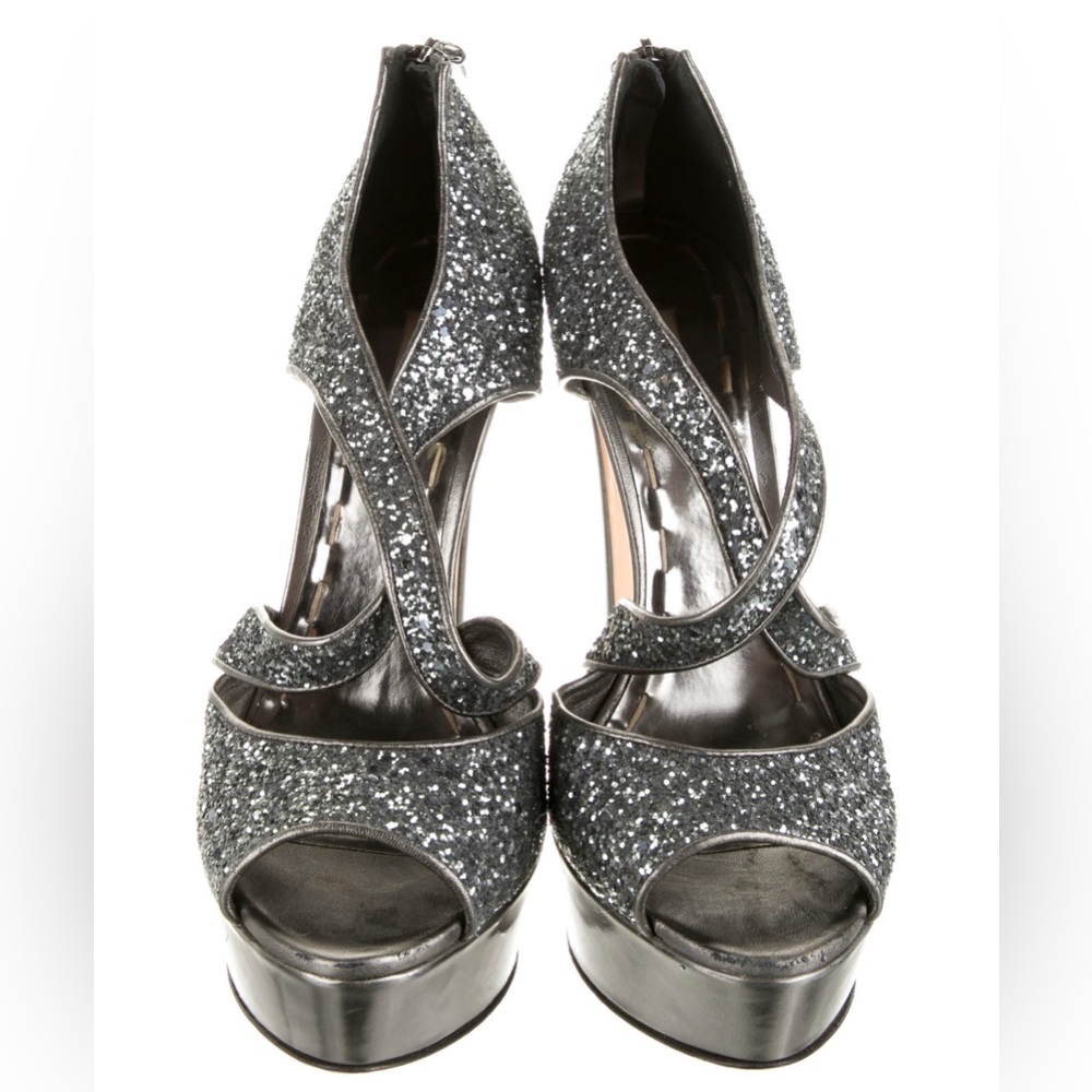 Miu Miu Platform Sandal leather coarse glitter grey metallic